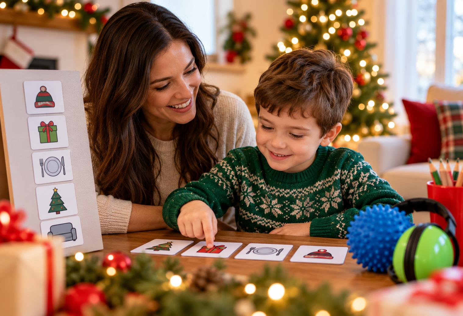 A child and caregiver use a visual holiday routine schedule with sensory tools in a cozy, decorated living room.