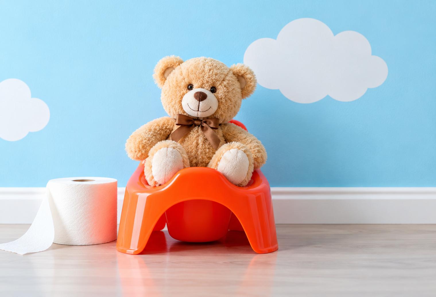 Teddy bear sitting on a child-sized potty in a bright, cheerful bathroom setting for potty training.